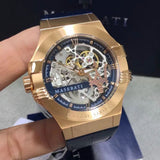 Maserati Automatic Skeleton Dial Rose Gold Blue Leather Strap Watch For Men - R8821108022 Authentic Buy Shop Now