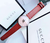 Gucci G Timeless Quartz Diamonds Pink Dial Red Leather Strap Watch For Women - YA1265017 Authentic Buy Shop Now