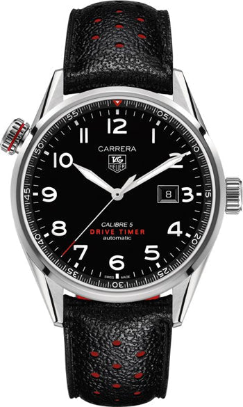 Tag Heuer Carrera Calibre 5 Drive Timer Black Dial Black Leather Strap Watch for Men - WAR2A10.FC6337 Authentic Buy Shop Now