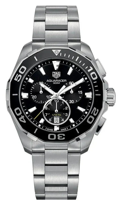 Tag Heuer Aquaracer Quartz Chronograph Black Dial Silver Steel Strap Watch for Men - CAY111A.BA0927 Authentic Buy Shop Now