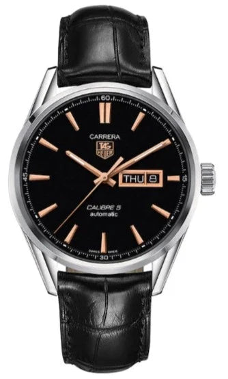 Tag Heuer Carrera Calibre 5 Automatic Black Dial Black Leather Strap Watch for Men - WAR201C.FC6266 Authentic Buy Shop Now