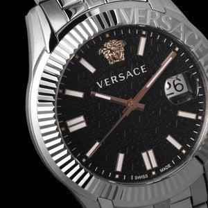 Versace Greca Time Quartz Black Dial Silver Steel Strap Watch For Men - VE3K00322 Authentic Buy Shop Now