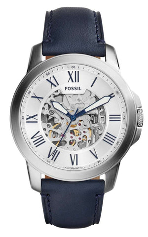 Fossil Grant Automatic Skeleton Silver Dial Blue Leather Strap Watch for Men - ME3111 Authentic Buy Shop Now