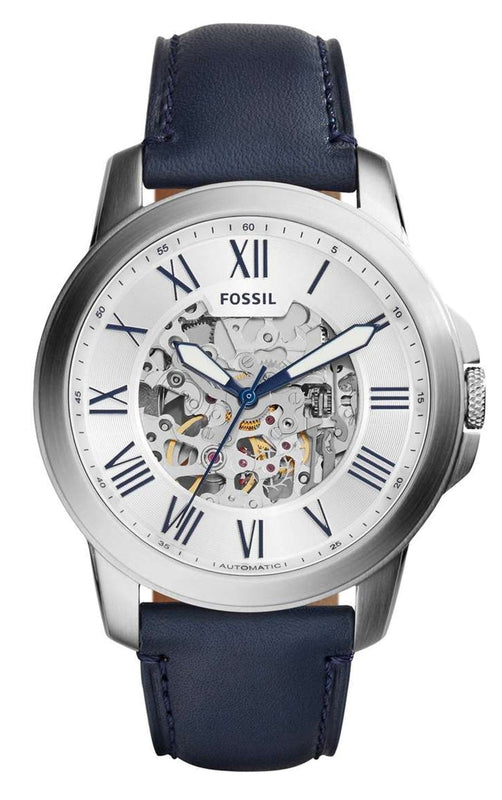 Fossil Grant Automatic Skeleton Silver Dial Blue Leather Strap Watch for Men - ME3111 Authentic Buy Shop Now
