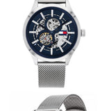 Tommy Hilfiger Spencer Skeleton Black Dial Silver Mesh Bracelet Watch for Men - 1791643 Authentic Buy Shop Now