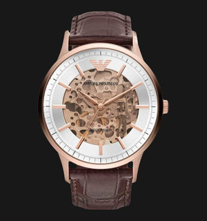 Emporio Armani Meccanico Automatic Silver Dial Brown Leather Strap Watch For Men - AR60039 Authentic Buy Shop Now