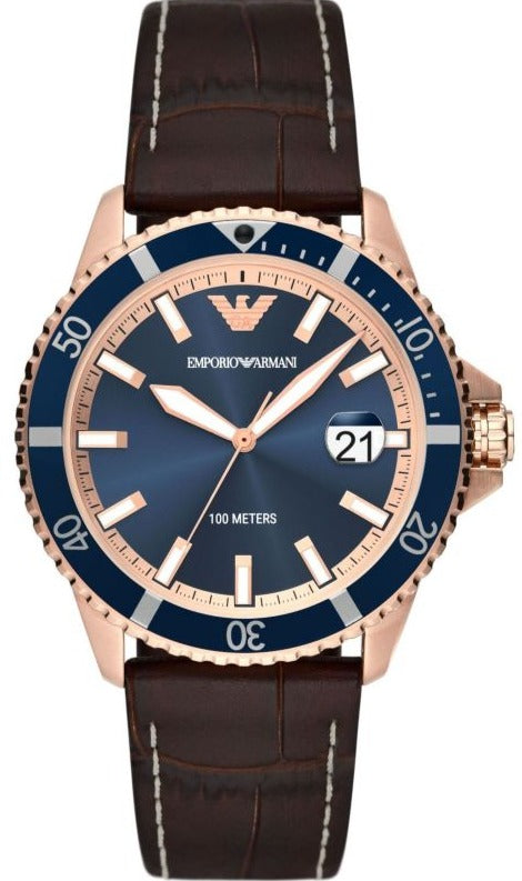 Emporio Armani Pro Planet Three Hand Date Blue Dial Brown Leather Strap Watch For Men - AR11556 Authentic Buy Shop Now