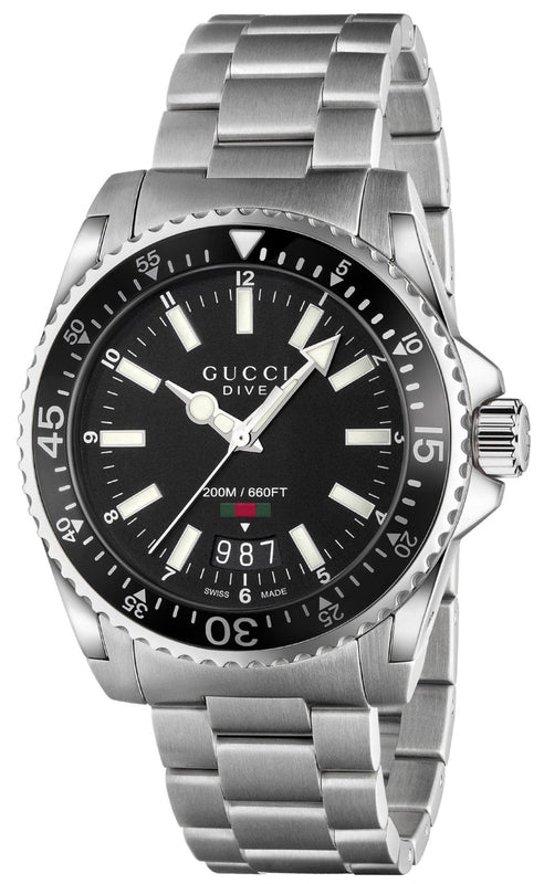 Gucci Dive Quartz Black Dial Silver Steel Strap Watch For Men - YA136301 Authentic Buy Shop Now