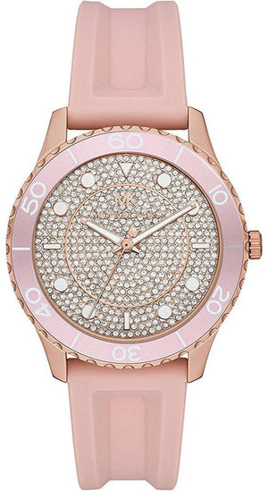 Michael Kors Runway Three Hand Crystal Pave Dial Pink Rubber Strap Watch For Women - MK6854 Authentic Buy Shop Now