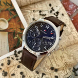 Tommy Hilfiger Asher Chrongraph Blue Dial Brown Leather Strap Watch For Men - 1791855 Authentic Buy Shop Now