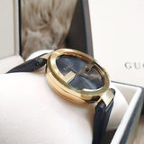 Gucci Interlocking G Gold Black Dial Black Leather Strap Unisex Watch - YA133326 Authentic Buy Shop Now