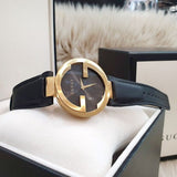 Gucci Interlocking G Gold Black Dial Black Leather Strap Unisex Watch - YA133326 Authentic Buy Shop Now