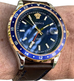 Versace Hellenyium GMT Blue Dial Brown Leather Strap Watch for Men - V11080017 Authentic Buy Shop Now