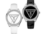Guess Mini Triangle Quartz Diamonds Silver Dial White Leather Strap Watch For Women - W65006L1 Authentic Buy Shop Now