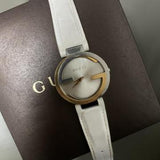 Gucci Interlocking 18K Gold Silver Dial White Leather Strap Watch For Women - YA133303 Authentic Buy Shop Now