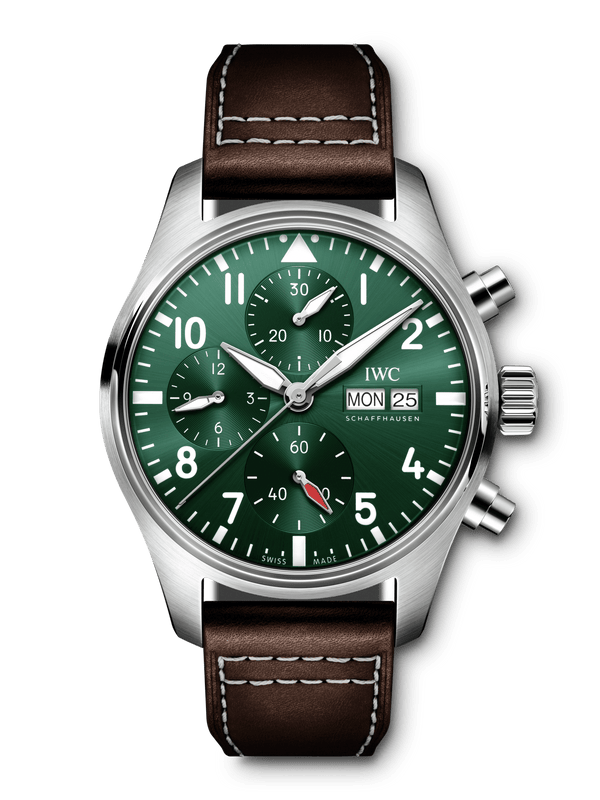 IWC Pilot's Watch Chronograph Edition Racing Green 43mm Green Dial Brown Leather Strap Watch for Men - IW377726 Authentic Buy Shop Now