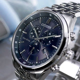 Citizen Eco Drive Chronograph Blue Dial Silver Steel Strap Watch For Men - AT2140-55L Authentic Buy Shop Now