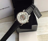 Emporio Armani Meccanico Silver Skeleton Dial Black Leather Watch For Men - AR1997 Authentic Buy Shop Now