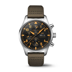 IWC Pilot's Watch Chronograph Black Dial Olive Green Calfskin Strap Watch for Men - IW377730 Authentic Buy Shop Now