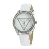 Guess Mini Triangle Quartz Diamonds Silver Dial White Leather Strap Watch For Women - W65006L1 Authentic Buy Shop Now