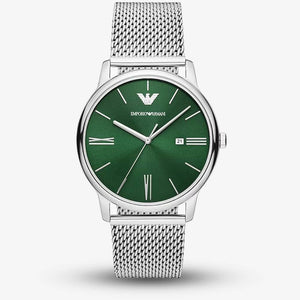 Emporio Armani Minimalist Quartz Green Dial Silver Mesh Bracelet Watch For Men - AR11578 Authentic Buy Shop Now