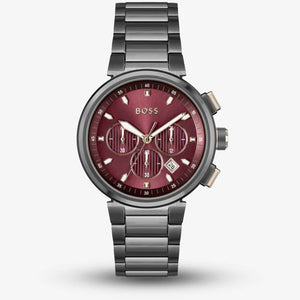 Hugo Boss One Chronograph Red Dial Grey Steel Strap Watch For Men - 1514000 Authentic Buy Shop Now