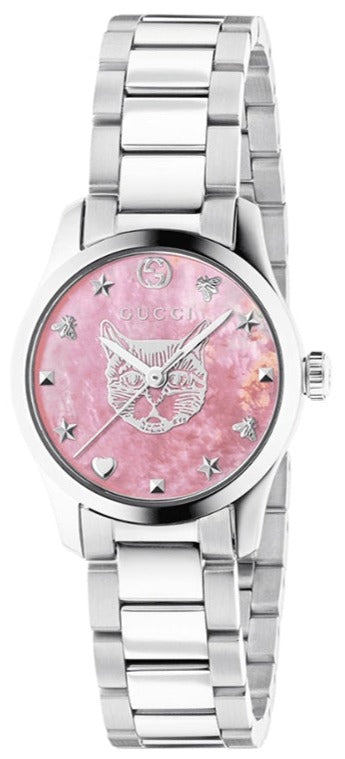 Gucci G Timeless Quartz Mother of Pearl Pink Dial Silver Steel Strap Watch For Women - YA1265013 Authentic Buy Shop Now