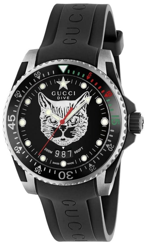Gucci Dive Feline Black Dial Black Rubber Strap Watch For Men - YA136320 Authentic Buy Shop Now