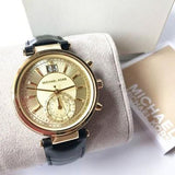 Michael Kors Sawyer Champagne Dial Black Leather Strap Watch for Women - MK2433 Authentic Buy Shop Now
