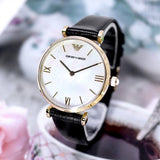 Emporio Armani Gianni T-Bar Quartz Mother of Pearl Dial Black Leather Strap Watch For Women - AR1910 Authentic Buy Shop Now