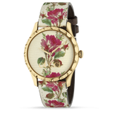 Gucci G Timeless Floral Gold Dial White Leather Strap Watch For Women - YA1264084 Authentic Buy Shop Now