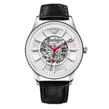 Emporio Armani Meccanico Silver Skeleton Dial Black Leather Watch For Men - AR1997 Authentic Buy Shop Now