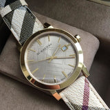 Burberry The City Gold Dial Haymarket Brown Leather Strap Watch for Women - BU9026 Authentic Buy Shop Now
