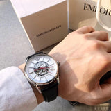 Emporio Armani Luigi Skeleton Silver Dial Black Leather Strap Watch For Men - AR60007 Authentic Buy Shop Now