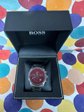 Hugo Boss Trace Chronograph Red Dial Silver Steel Strap Watch For Men - 1514004 Authentic Buy Shop Now