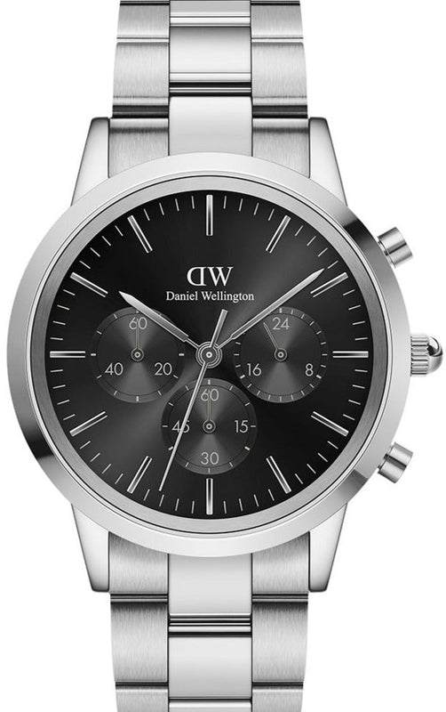 Daniel Wellington Iconic Chronograph Link Black Dial Silver Steel Strap Watch For Men - DW00100645 Authentic Buy Shop Now
