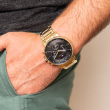 Tommy Hilfiger Tyson Chronograph Black Dial Gold Steel Strap Watch For Men - 1710589 Authentic Buy Shop Now