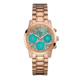 Guess Mini Sunrise Multi Function Analog Turquoise Dial Rose Gold Steel Strap Watch For Women - W0448L8 Authentic Buy Shop Now