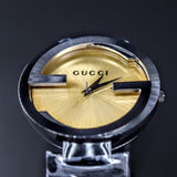 Gucci Interlocking G Quartz Gold Dial Black Steel Strap Watch For Women - YA133314 Authentic Buy Shop Now