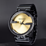 Gucci Interlocking G Quartz Gold Dial Black Steel Strap Watch For Women - YA133314 Authentic Buy Shop Now