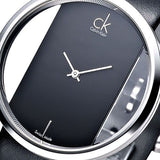 Calvin Klein Glam Transparent Dial Black Leather Strap Watch for Women - K9423107 Authentic Buy Shop Now