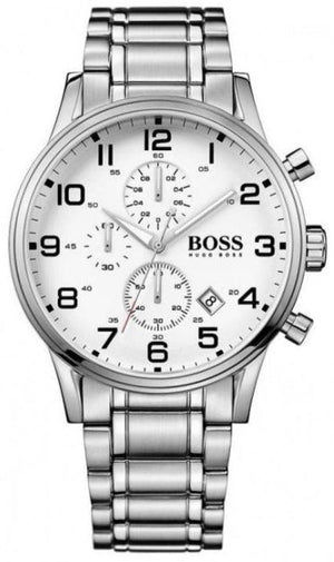 Hugo Boss Aeroliner Chronograph White Dial Silver Steel Strap Watch for Men - 1513182 Authentic Buy Shop Now