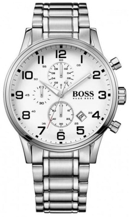 Hugo Boss Aeroliner Chronograph White Dial Silver Steel Strap Watch for Men - 1513182 Authentic Buy Shop Now