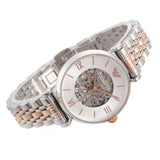 Emporio Armani Gianni T Bar Silver Skeleton Dial Two Tone Strap Watch For Women - AR1992 Authentic Buy Shop Now