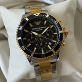 Emporio Armani World Explorer Solar Powered Chronograph Black Dial Two Tone Steel Strap Watch for Men - AR11680 Authentic Buy Shop Now