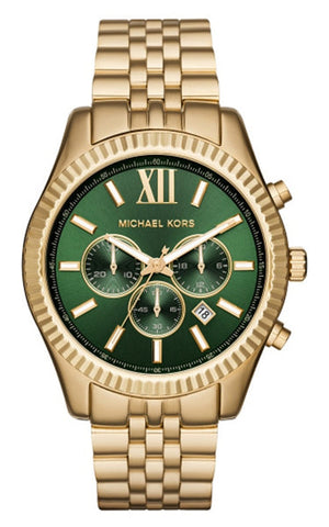 Michael Kors Lexington Chronograph Green Dial Gold Steel Strap Watch for Men - MK8446 Authentic Buy Shop Now