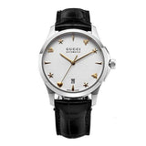 Gucci G Timeless Automatic Silver Dial Black Leather Strap Unisex Watch - YA126468 Authentic Buy Shop Now