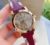 Burberry Heritage Nova Gold Dial Haymarket Red Leather Strap Watch for Women - BU9111 Authentic Buy Shop Now