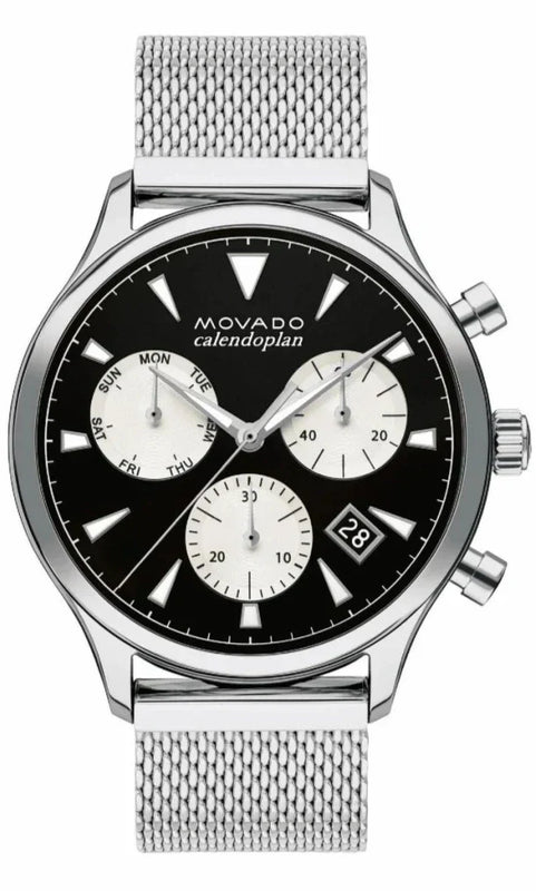 Movado Heritage Calendoplan Chronograph Black Dial Silver Mesh Strap Watch for Men - 3650097 Authentic Buy Shop Now