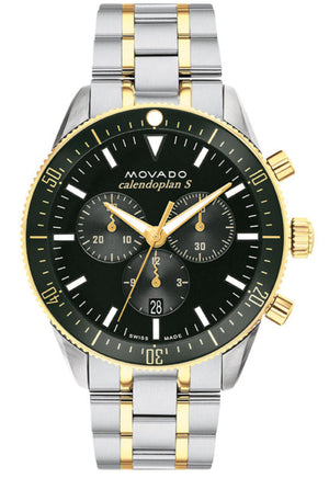 Movado Heritage Calendoplan Chronograph Green Dial Two Tone Steel Strap Watch For Men - 3650167 Authentic Buy Shop Now